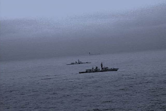 Portsmouth-based Type 23 frigate HMS St Albans (foreground) monitoring Russian warship Admiral Gorshkov (background). Picture: Royal Navy