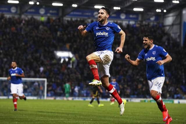 Ben Close celebrates his maiden Fratton Park goal in the victory over AFC Wimbledon. Picture: Joe Pepler