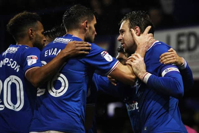 Portsmouthâ¬"s Brett Pitman scores his first goal of the match from a penalty during the Sky Bet League 1 match between Portsmouth and AFC Wimbledon at Fratton Park, Portsmouth, England on 26 December 2017. Photo by Joe Pepler/Digital South. PPP-171226-164136006