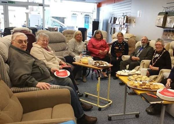 The Mayor of Gosport Cllr Linda Batty with customers and staff at Solent Mobility. Picture: Lorna Jackson