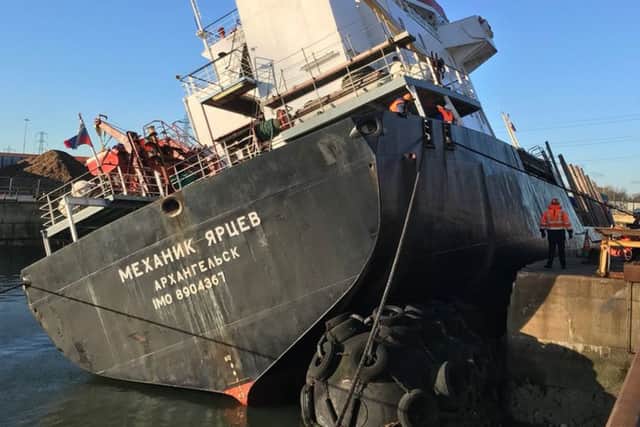 The stricken Mekhanik Yartsev landed at King George V Graving Dock in Southampton
