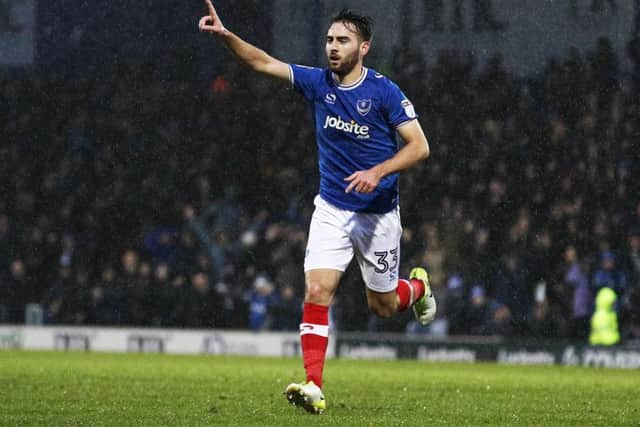 Ben Close celebrates his maiden Fratton Park goal in the victory over AFC Wimbledon on Boxing Day. Picture: Joe Pepler