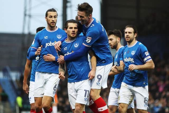 Pompey's Matty Kennedy scores the equaliser in their League One match against Northampton. Picture: Joe Pepler/Digital South.