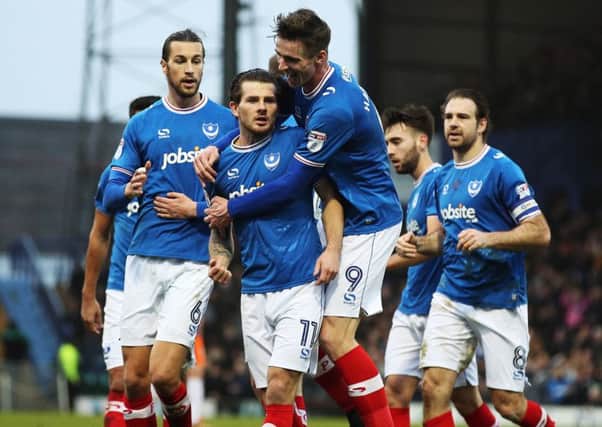 Pompey's Matty Kennedy scores the equaliser in their League One match against Northampton. Picture: Joe Pepler/Digital South.