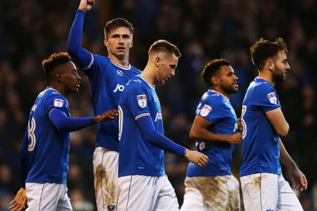 Pompey's Oli Hawkins scores his second goal of the match against Northampton. Picture: Joe Pepler/Digital South.