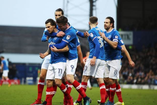 Pompey celebrate after equalising through a Matty Kennedy goal against Northampton. Picture: Joe Pepler/Digital South.