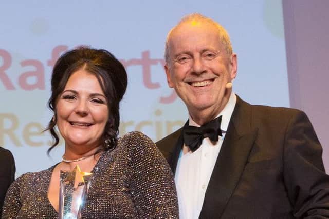 Jodie Rafferty with awards host Gyles Brandreth