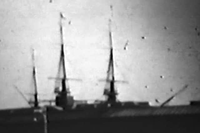 A still from Byron Nillson's home movie showing HMS Victory
