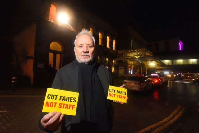 Mick Tosh, the Wessex RMT regional organiser, protesting against rail fare increases outside Portsmouth& Southsea railway station. Picture:  Solent News & Photo Agency 
UK