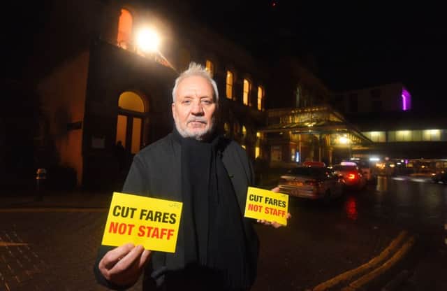 Mick Tosh, the Wessex RMT regional organiser, protesting against rail fare increases outside Portsmouth& Southsea railway station. Picture:  Solent News & Photo Agency 
UK