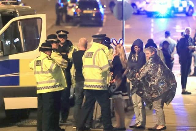 Emergency services at Manchester Arena after the explosion at the venue during an Ariana Grande gig. Picture: Peter Byrne/PA Wire