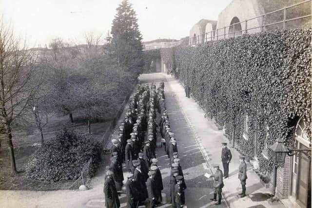 Troops being demobilised at Fort Brockhurst in 1919 after four years of war