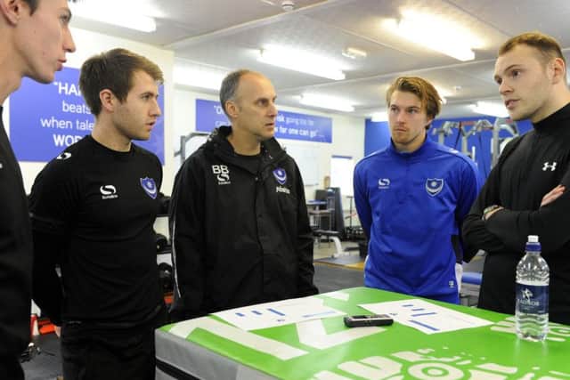 The News' Will Rooney, right, with, from left, Pompey's Ben Spong, Jeff Lewis and Bobby Bacic, plus Express FM's Niall McCaughan Picture: Malcolm Wells