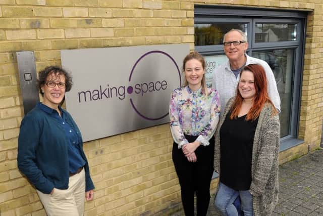 From the left is Director of Making Space Lynne Dick, Administration and Operations Co-ordinator Kate Reid, Technician and Artist Peter Levy, with Marketing and Education Programmer Ami Lowman
Picture by: Malcolm Wells (170403-9261)