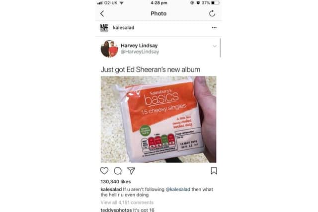 Harvey Lindsay's tweet and the reply from Ed Sheeran's Instagram account teddysphotos.