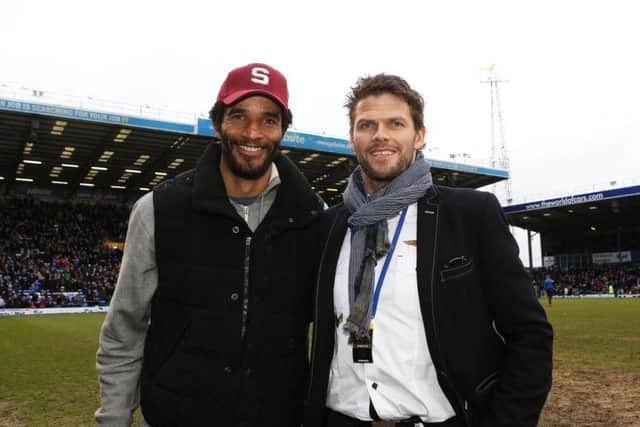 David James and Hermann Hreidarsson on a return visit to Fratton Park in 2015