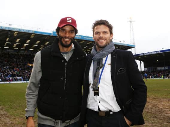 David James and Hermann Hreidarsson on a return visit to Fratton Park in 2015