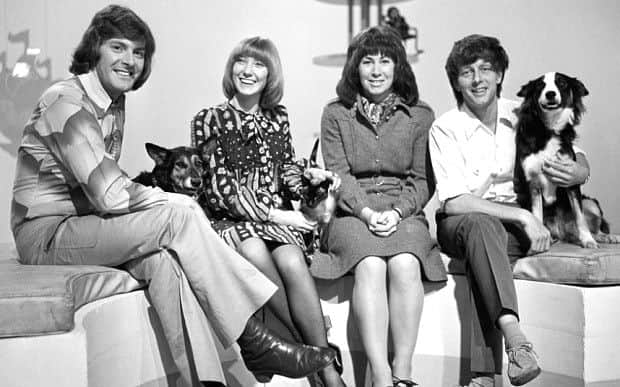 1972 Blue Peter presenters Peter Purves, Lesley Judd, Valerie Singleton and John Noakes with his dog Shep
File Picture: PRESS ASSOCIATION