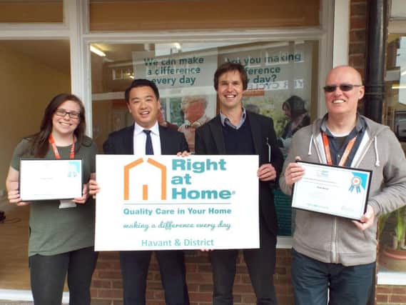 Alan Mak MP with Right at Home Havant owner Duncan Cameron and new recruits Becky Webb and Mark Wilson