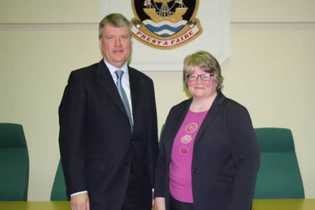 Fareham Borough Council leader, cllr Sean Woodward with parliamentary under-secretary of state from the Department for Environment, Food and Rural Affairs, Dr ThÃ©rÃ¨se Coffey MP