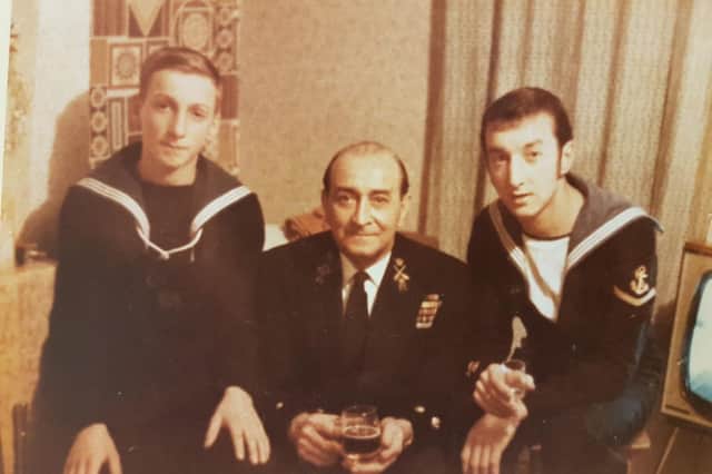 A naval trio. Bob, on the left as a new recruit along with his father and brother.