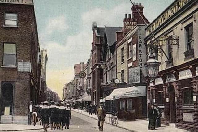 The Royal Standard pub on the right was on the north side of Queen Street, Portsea, looking west.