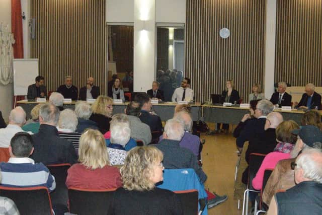 More than 80 residents packed into the Public Service Plaza for the meeting