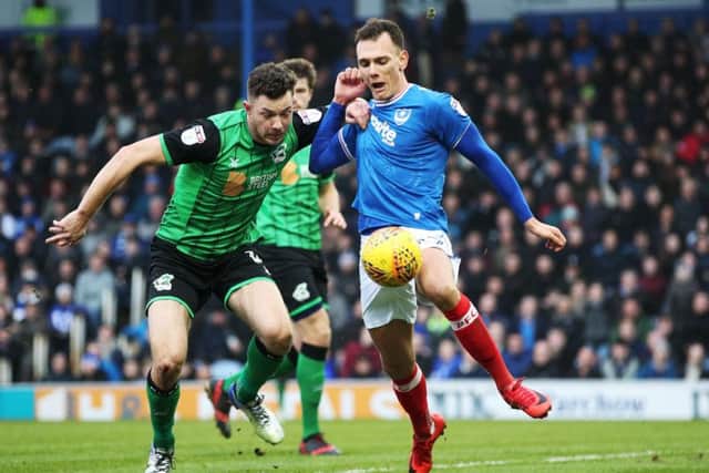 Kal Naismith battles for the ball in Pompey's draw against Scunthorpe. Picture: Joe Pepler
