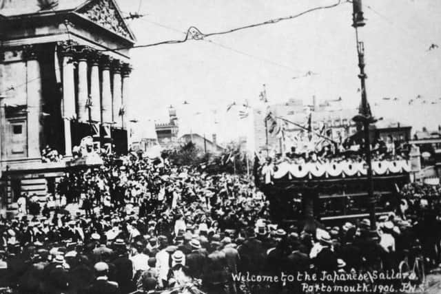 Huge crowds outside the town hall in Portsmouth welcoming the Japanese navy. Unimaginable today.