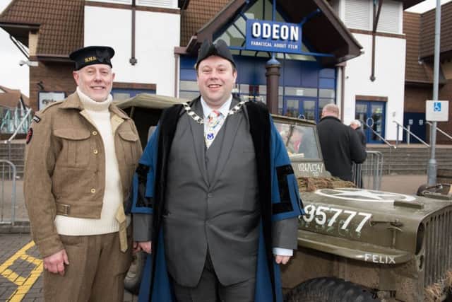 Paul Morgan and Councillor Lee Mason, Deputy Lord Mayor of Portsmouth, with Paul's 1940s Willys JEEP (180082_012)
