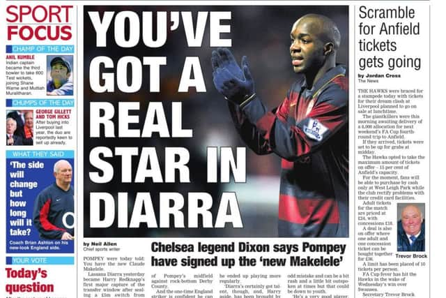 The News' back page a day after Lassana Diarra signed for Pompey