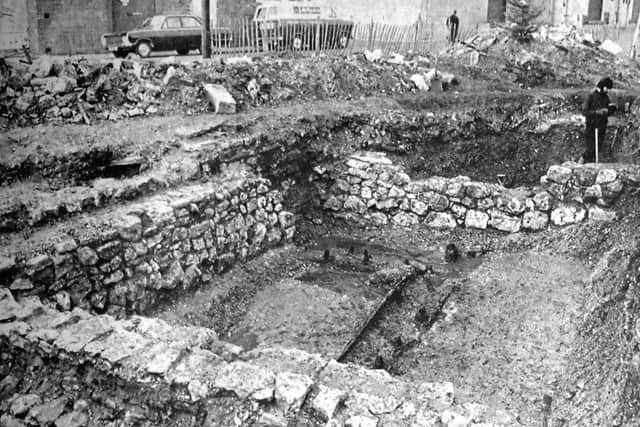 The area being excavated at Oyster Street. The picture shows the 15th-century wooden quay and the 17th century stone structure