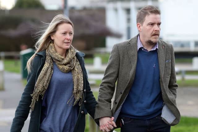 Jo Meeke and Matt Gurney arrive at Crawley Coroner's Court as the inquest continues into the death of their newborn son, Puck, who died after complications during labour Picture: Gareth Fuller/PA Wire