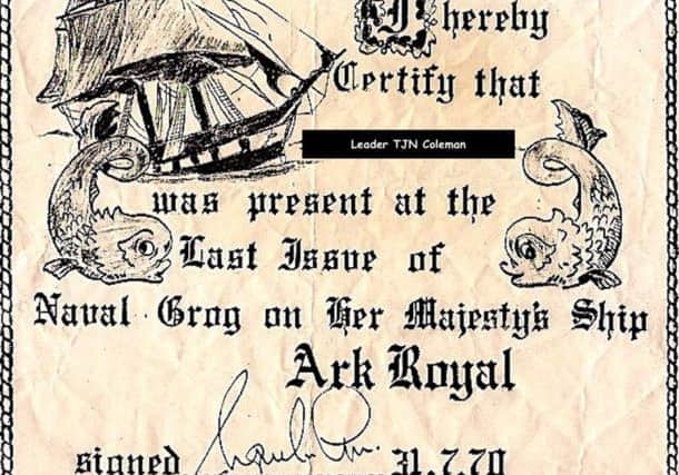 The certificate presented to Tom Coleman by the captain of HMS Ark Royal.