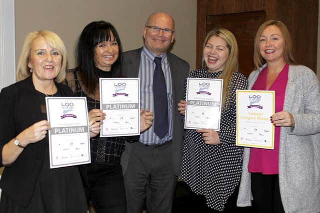 Wightlink business operations support manager Elaine Winkles, cabin assistant Debbie Gallier, passenger services co-ordinator Steve Brett-Hill, cabin assistant Nancy Byng and customer experience lead Sara Howden at the Loo of the Year award ceremony