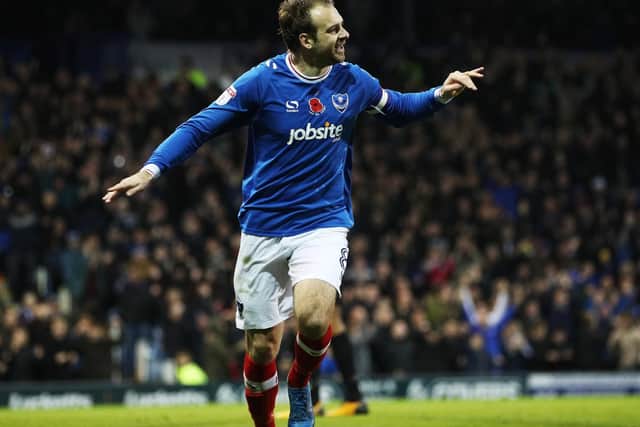 Brett Pitman celebrates scoring the opening goal in Pompey's win against Southend