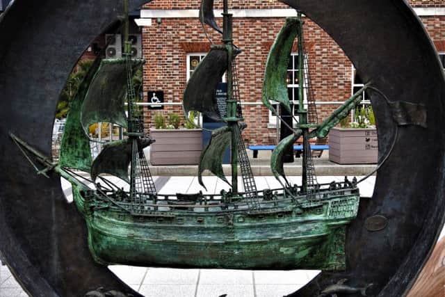 NEAL TUFFS  A close up of the sculpture of ship outside the Old Customs House pub, Gunwharf