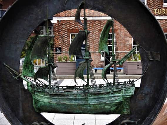 NEAL TUFFS  A close up of the sculpture of ship outside the Old Customs House pub, Gunwharf