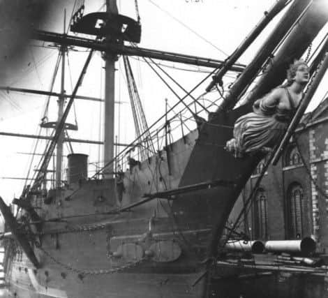 The starboard bow of the ship-rigged corvette HMS Boadicea fitting out in Portsmouth dockyard in 1877. Picture: Robert James Collection