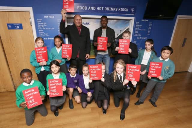 Ex bodyguard, Chris Lubbe and footballer Sylvain Deslandes with pupils from Medina Primary, Cottage Grove Primary, King Richards, Wimbourne and St Johns Catholic Primary school at Victory Lounge, Portsmouth Football Club     Picture: Habibur Rahman