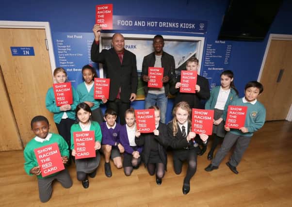 Ex bodyguard, Chris Lubbe and footballer Sylvain Deslandes with pupils from Medina Primary, Cottage Grove Primary, King Richards, Wimbourne and St Johns Catholic Primary school at Victory Lounge, Portsmouth Football Club     

Picture: Habibur Rahman