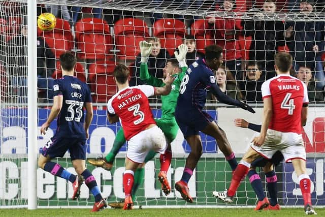 Joe Mattock heads home Rotherhams late winner against Pompey Picture: Joe Pepler