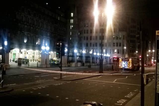 The Strand in central London was cordoned-off after some 1,450 people were evacuated from a nightclub and a hotel following a gas leak. Picture: London Fire Brigade/PA Wire