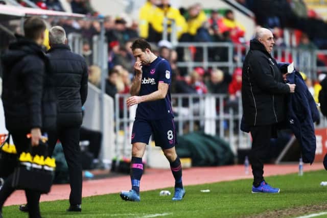 Brett Pitman's frustration was obvious when he was substituted at Rotherham. Picture: Joe Pepler