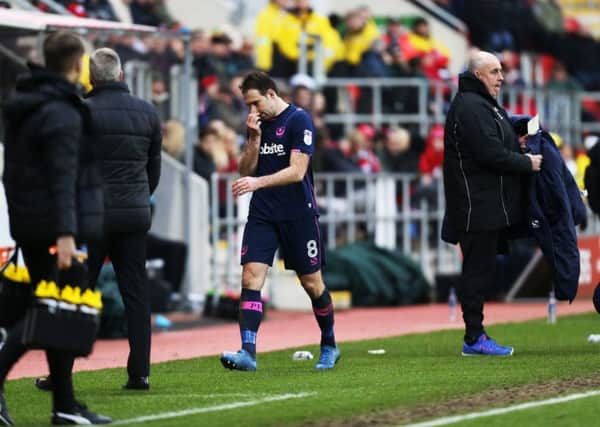 Brett Pitman's frustration was obvious when he was substituted at Rotherham. Picture: Joe Pepler