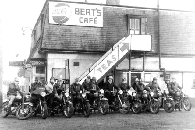 A group of bikers outside Bert's Cafe.