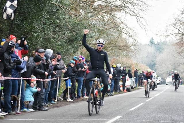 Chris Opie wins the 2017 Perfs Pedal from Jacob Vaughan (VC Londres) and defending champion Rory Townsend. Picture: Hugh McManus