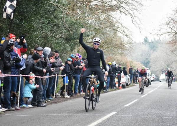 Chris Opie wins the 2017 Perfs Pedal from Jacob Vaughan (VC Londres) and defending champion Rory Townsend. Picture: Hugh McManus
