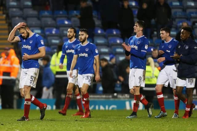 Pompey players after the Blues lost to Shrewsbury in their League One game. Picture: Joe Pepler/Digital South