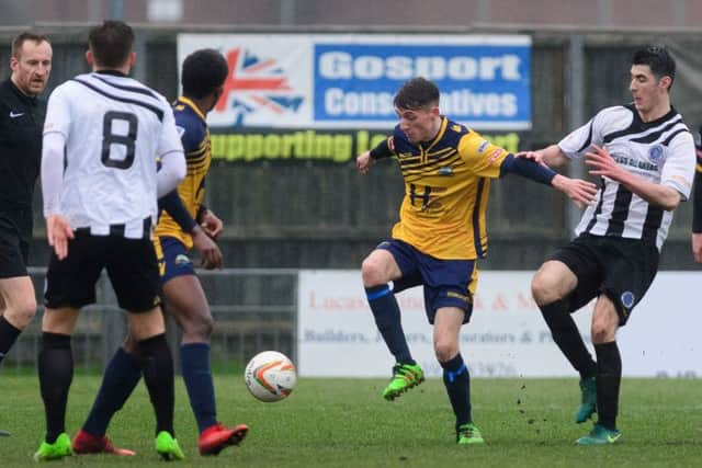 Joe Lea on the ball for Gosport against Dorchester. Picture: Keith Woodland